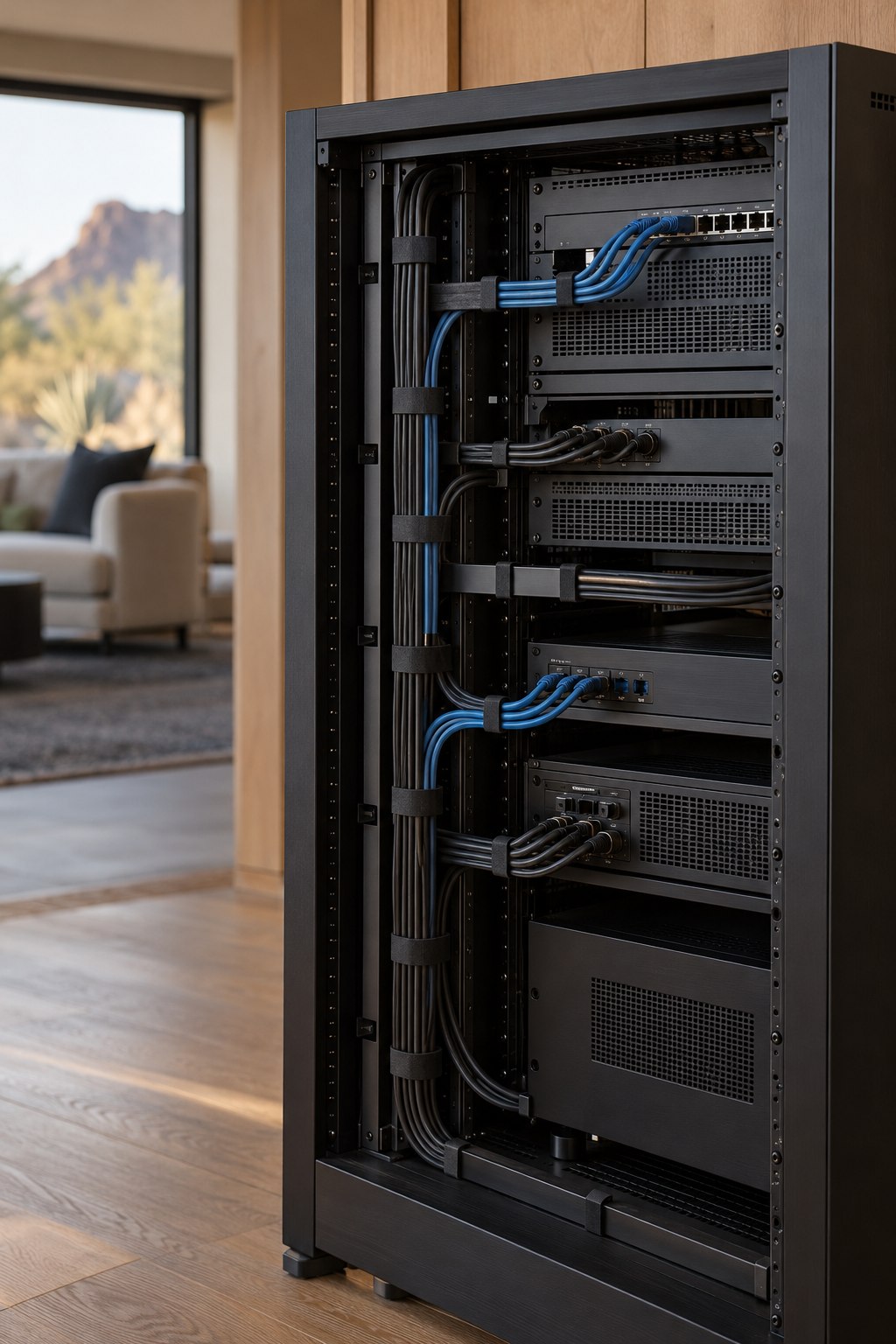 Illustrative AV equipment rack with neatly organized signal and network cables