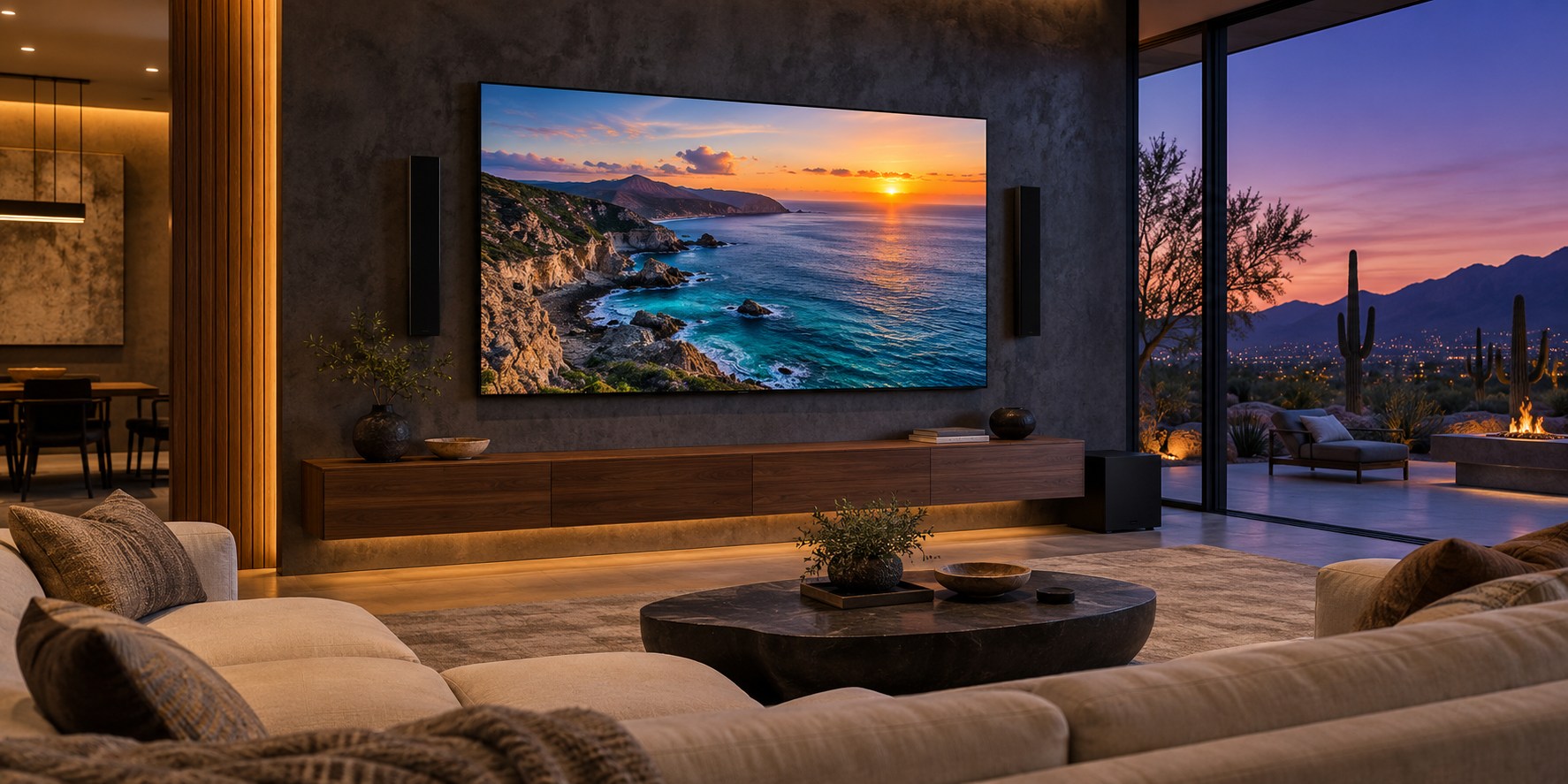 Living room AV concept with integrated television, speakers and equipment cabinet