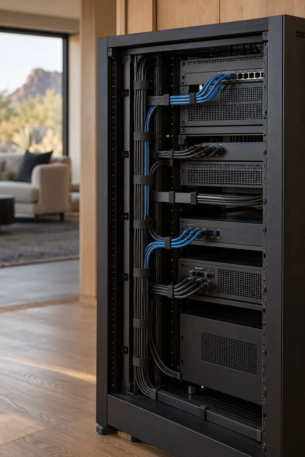 Illustrative AV equipment rack with neatly organized signal and network cables
