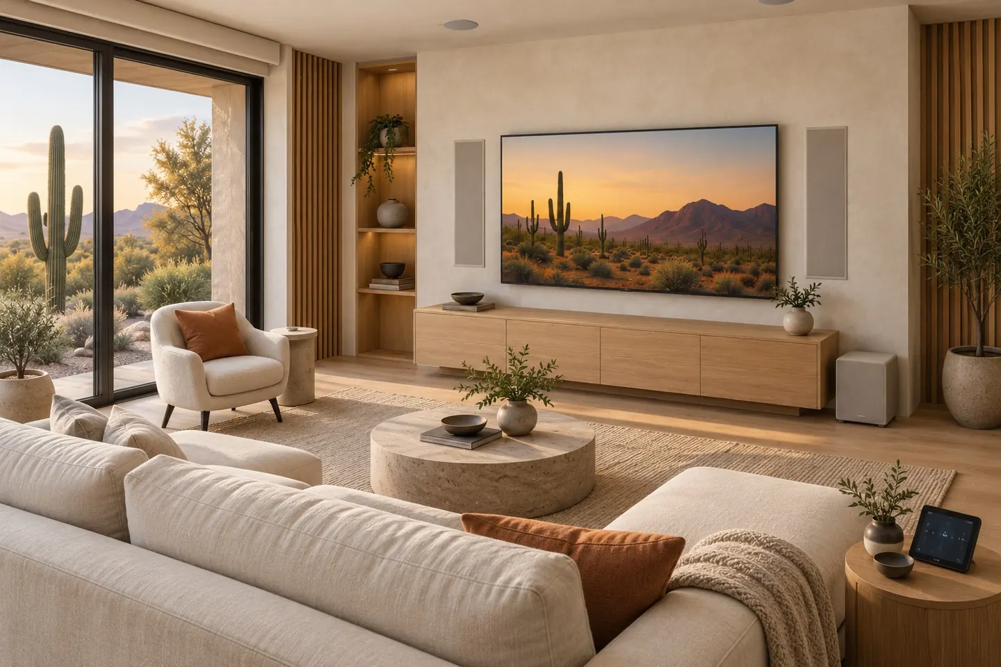 Living room concept with integrated television, speakers and control