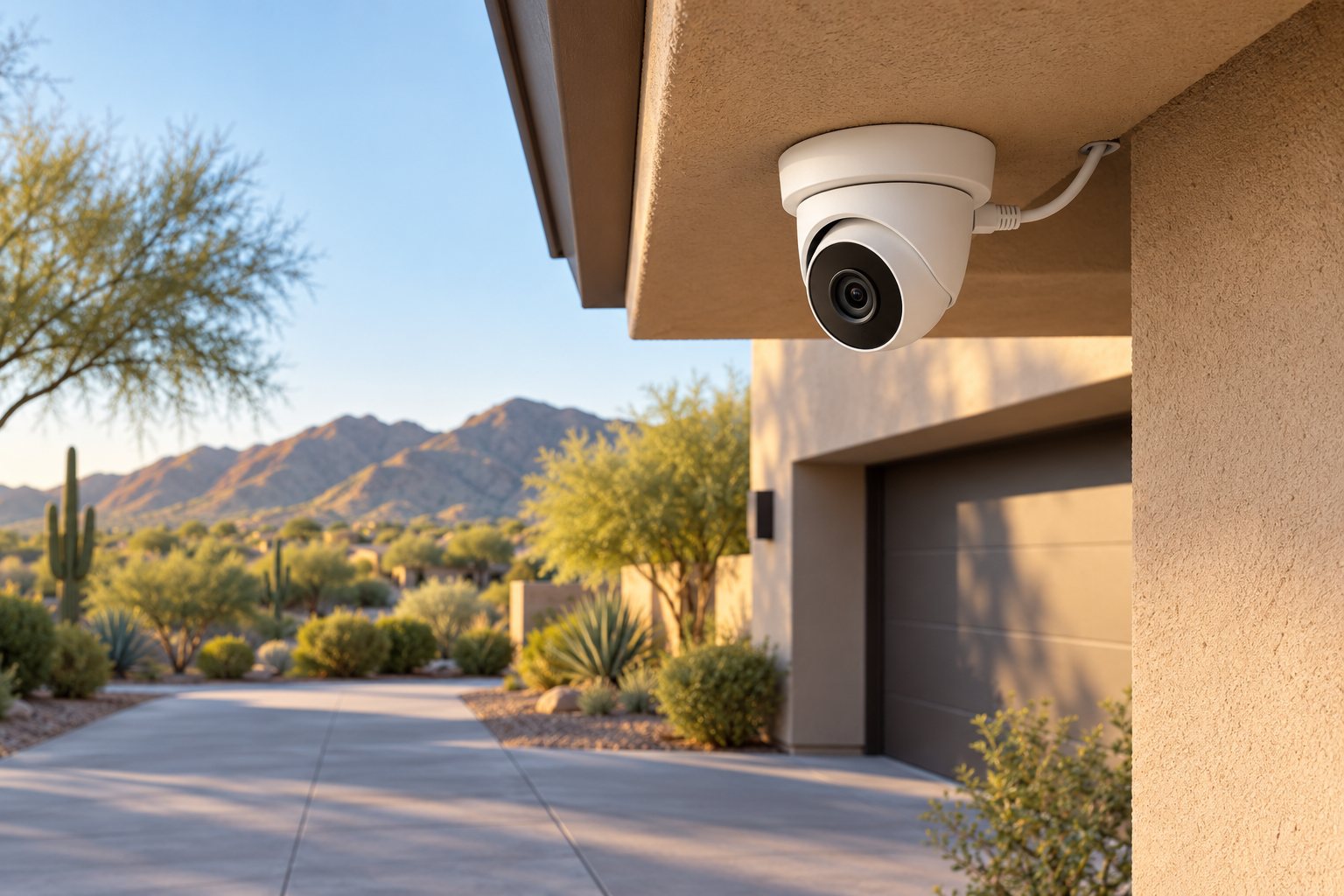 Illustrative wired security camera mounted beneath a shaded stucco eave overlooking a desert driveway