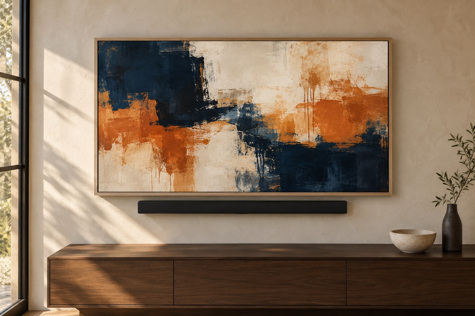 Premium TV concept with framed artwork display, wall-mounted soundbar and walnut console