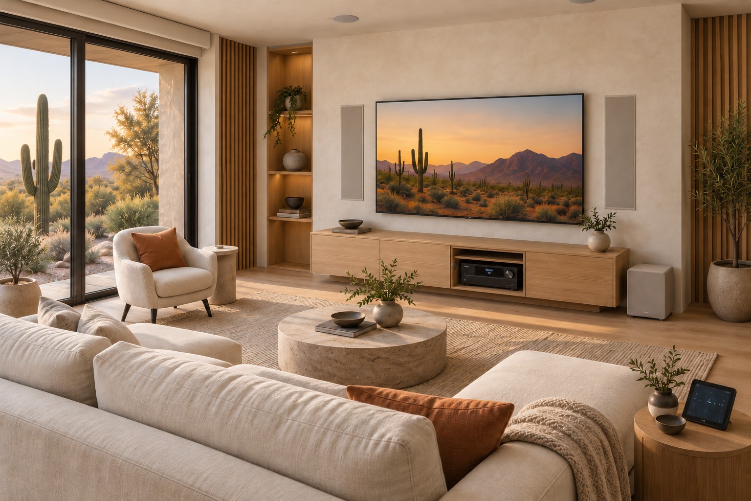 Illustrative living room with ceiling speakers and an open cabinet showing audio equipment