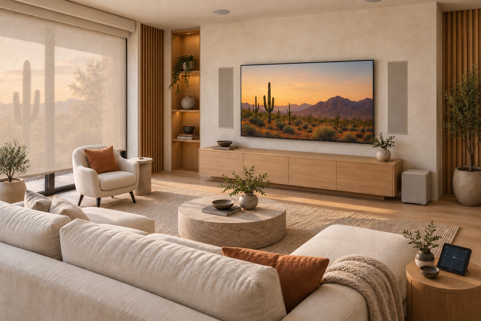 Living room shade concept illustrating automated window coverings