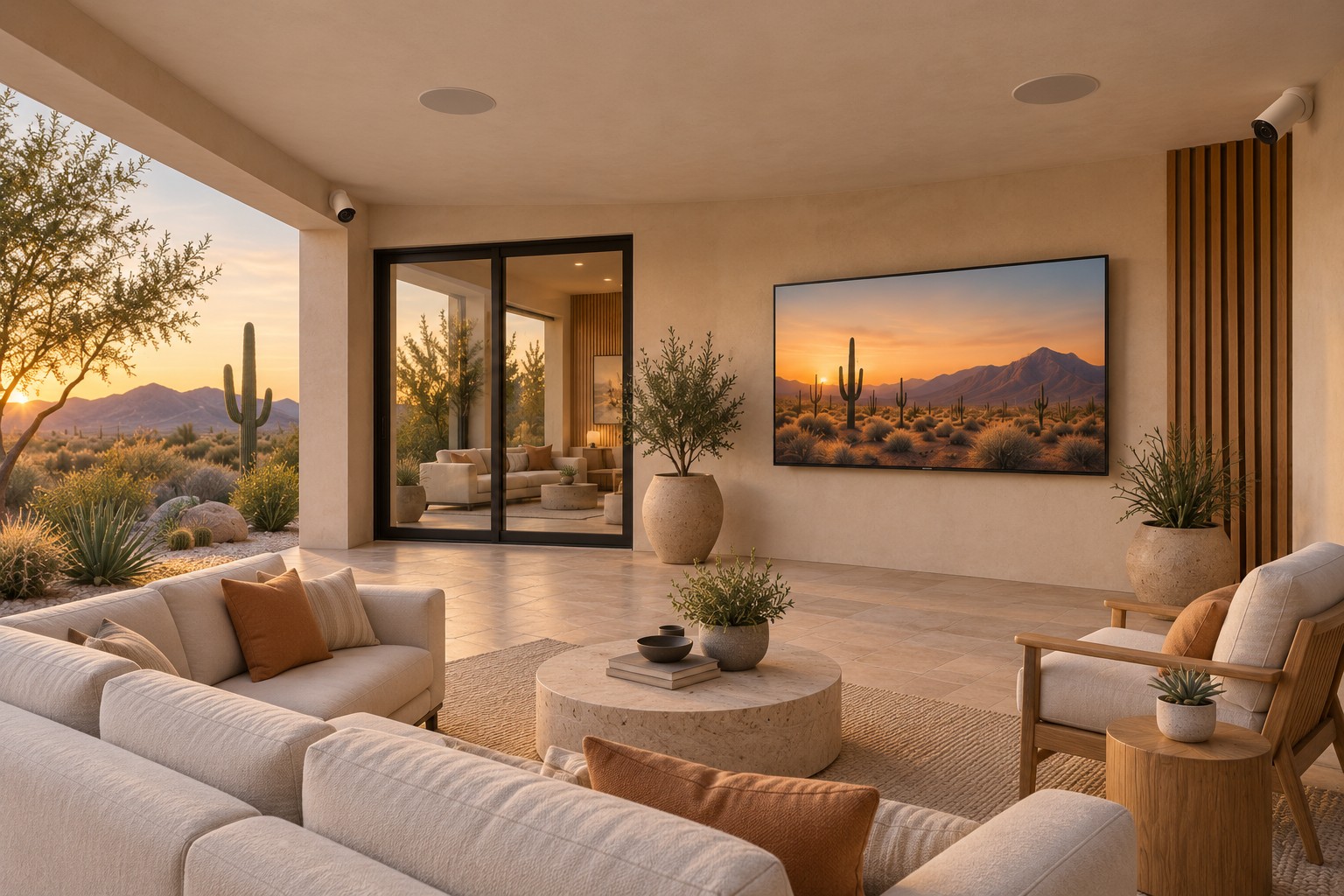 Concept outdoor patio with a television, ceiling speakers and security cameras