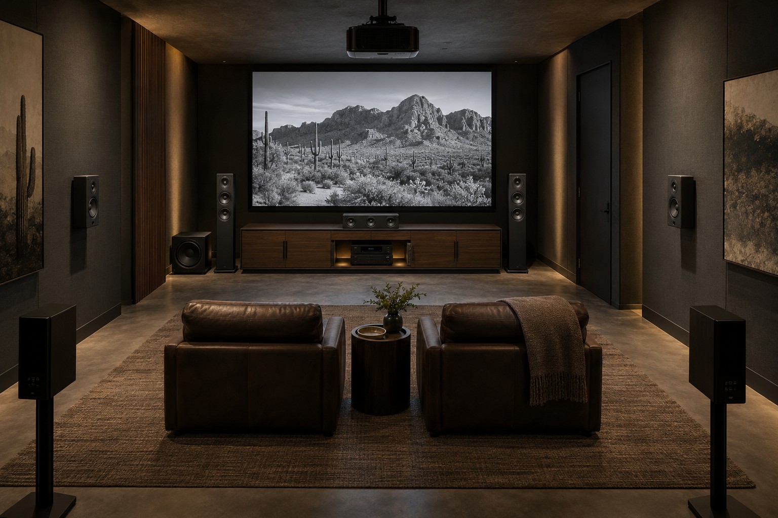 Illustrative home theater with a ceiling-mounted projector, large screen and closed window coverings
