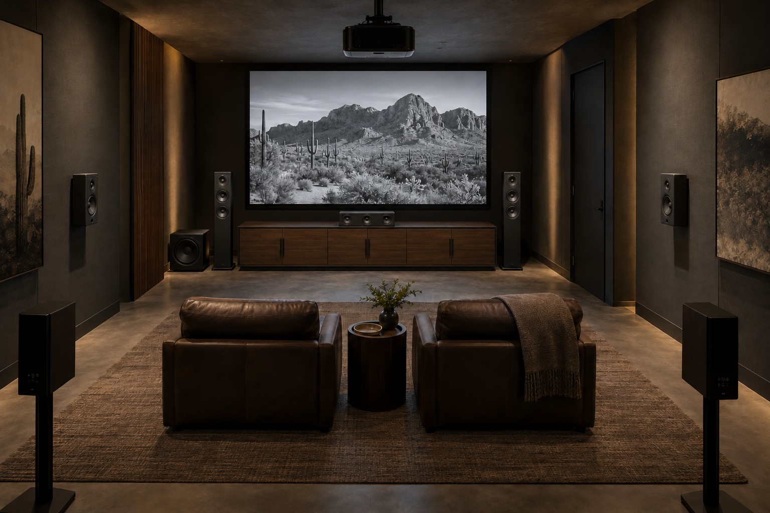 Home theater concept with a projector, screen and surround speakers