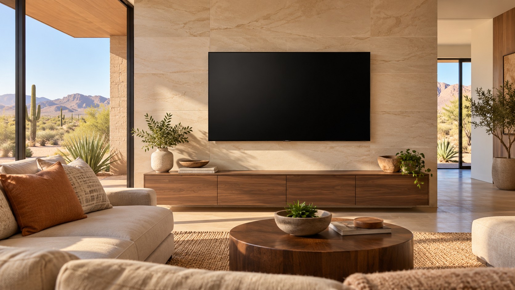 Living room concept with a TV on a light tile accent wall